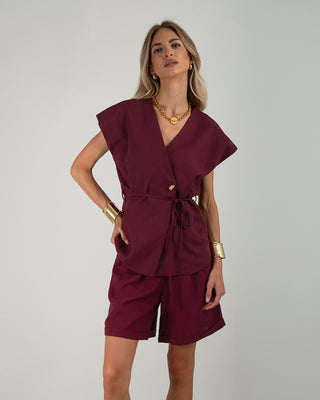 Top Gilet in Lino con Laccio Wine Red
