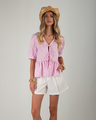 Camicia Righe Ricami Fiocchetti Rosa