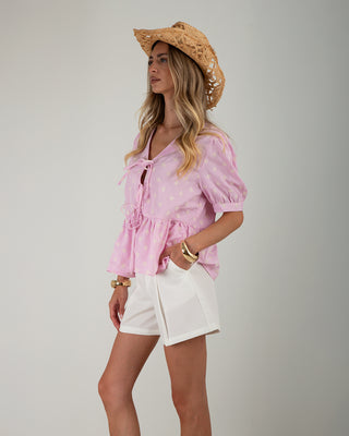 Camicia Righe Ricami Fiocchetti Rosa