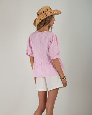 Camicia Righe Ricami Fiocchetti Rosa