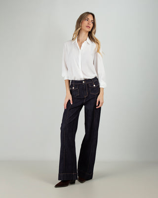 Jeans Straight Taschine Bottoni Blu Scuro