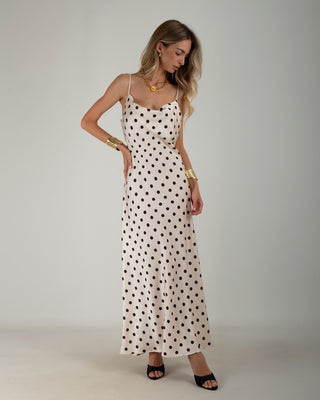 Abito Lungo Satin Pois Panna