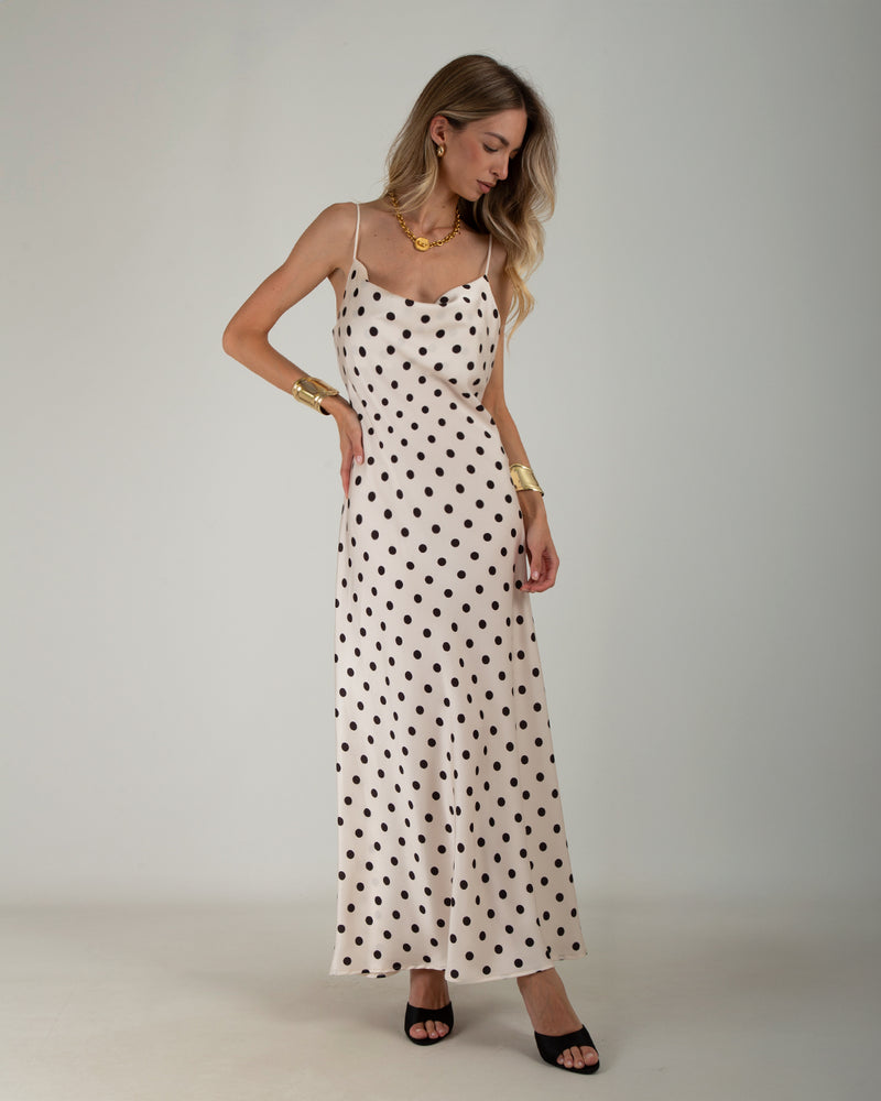 Abito Lungo Satin Pois Panna