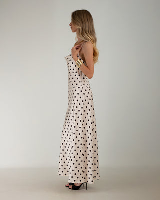 Abito Lungo Satin Pois Panna