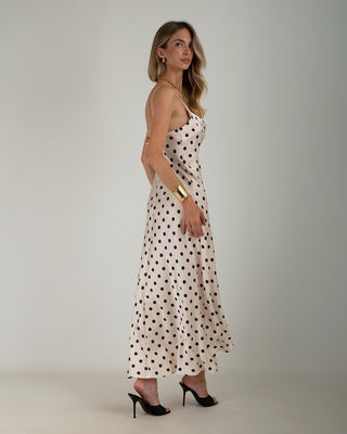 Abito Lungo Satin Pois Panna