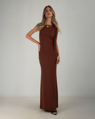 Abito Lungo Lycra Spallina Fiocco Brown