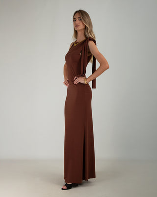 Abito Lungo Lycra Spallina Fiocco Brown