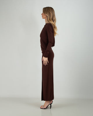 Abito Lungo Spacco Arricciato Manica Lunga Choco