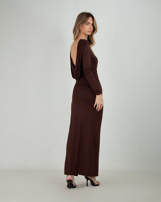 Abito Lungo Spacco Arricciato Manica Lunga Choco