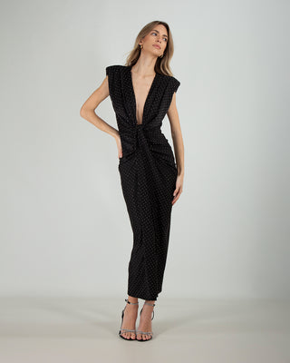 Abito Smanicato Nodo Strass Nero