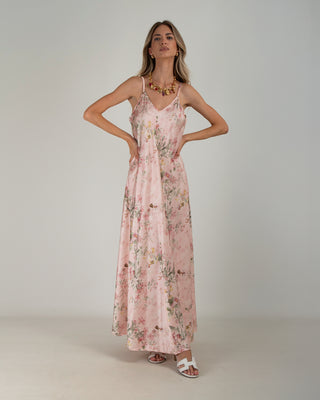 Abito Lungo Satin Fiori Rosa
