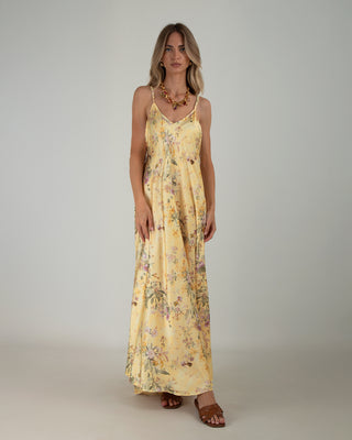 Abito Lungo Satin Fiori Giallino