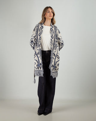 Cardigan Frange Palme Ivory Blu