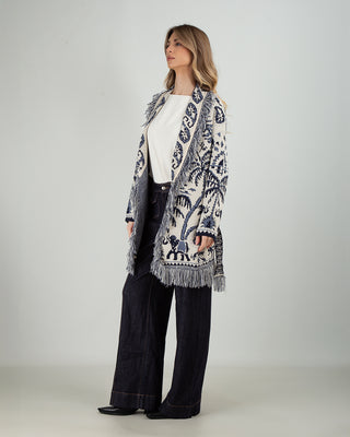 Cardigan Frange Palme Ivory Blu