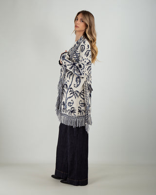 Cardigan Frange Palme Ivory Blu