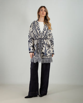 Cardigan Frange Palme Ivory Blu