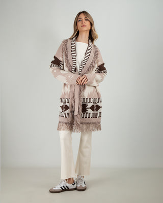 Cardigan Frange Geometrico Beige