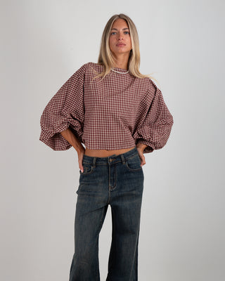 Camicia Girocollo Arricciata Quadri Bordeaux