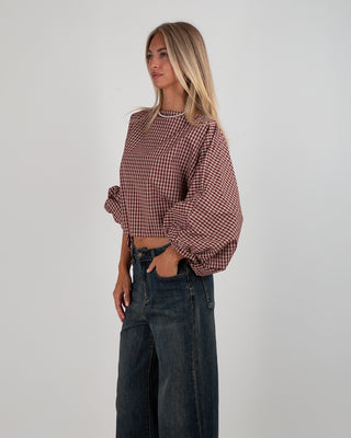 Camicia Girocollo Arricciata Quadri Bordeaux