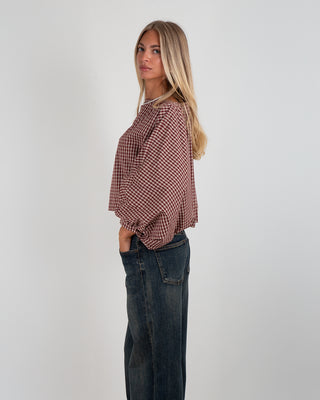 Camicia Girocollo Arricciata Quadri Bordeaux