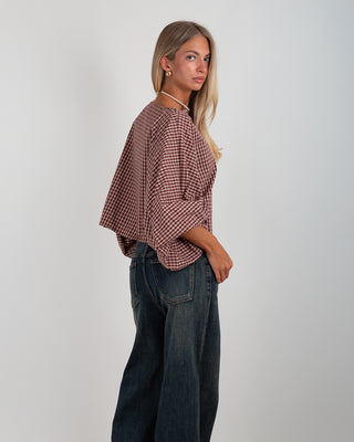 Camicia Girocollo Arricciata Quadri Bordeaux