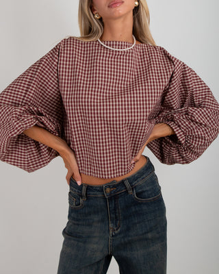 Camicia Girocollo Arricciata Quadri Bordeaux
