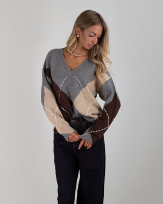 Maglione Scollo V Rombi Grey