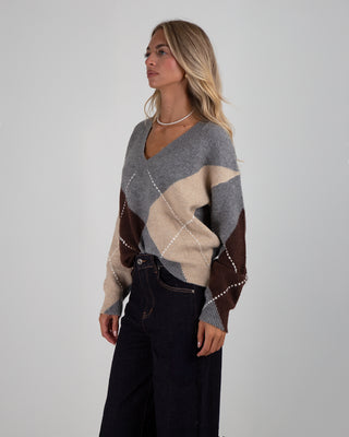 Maglione Scollo V Rombi Grey