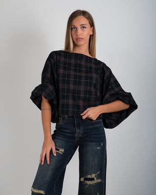 Camicia Girocollo Manica Arricciata Quadri Blu