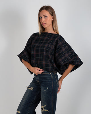 Camicia Girocollo Manica Arricciata Quadri Blu