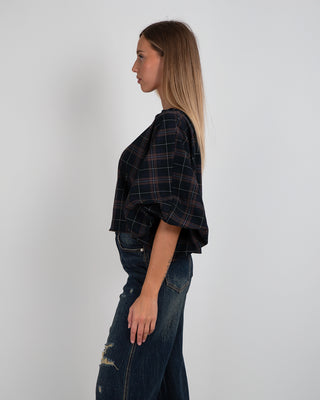 Camicia Girocollo Manica Arricciata Quadri Blu