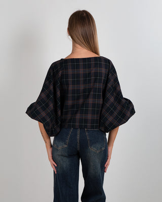 Camicia Girocollo Manica Arricciata Quadri Blu