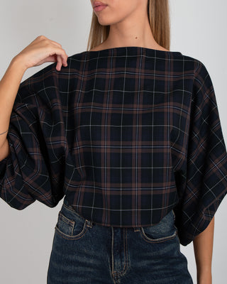 Camicia Girocollo Manica Arricciata Quadri Blu