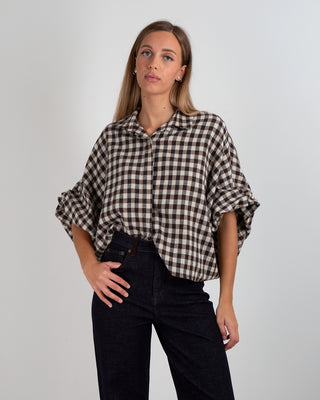 Camicia Quadretti Manica Arricciata Beige