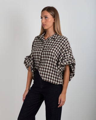 Camicia Quadretti Manica Arricciata Beige