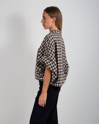Camicia Quadretti Manica Arricciata Beige
