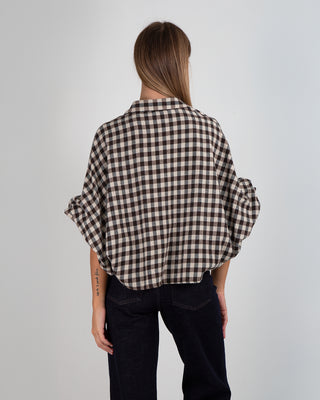 Camicia Quadretti Manica Arricciata Beige