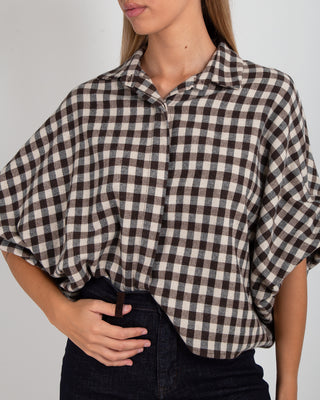 Camicia Quadretti Manica Arricciata Beige