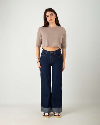 Jeans Palazzo Risvolto Blu Scuro