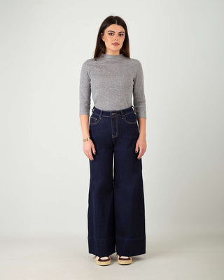 Jeans Palazzo Elasticizzato Risvolto Blu Scuro