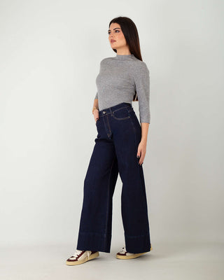 Jeans Palazzo Elasticizzato Risvolto Blu Scuro