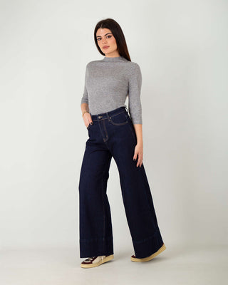 Jeans Palazzo Elasticizzato Risvolto Blu Scuro