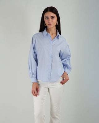 Camicia 100% Cotone Maniche Arricciate Light Blue