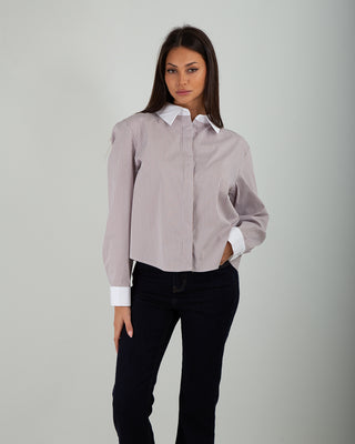 Camicia Colletto Bianco Righe Beige
