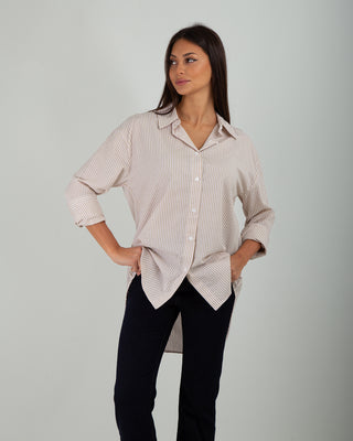 Camicia Cotone Over Righe Beige