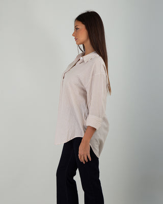Camicia Cotone Over Righe Beige