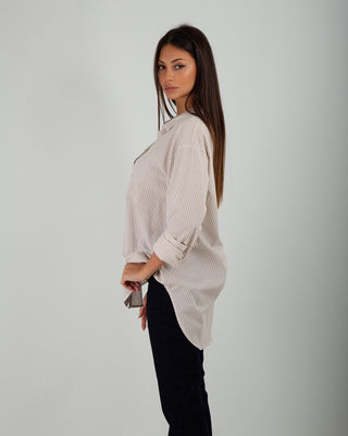 Camicia Cotone Over Righe Beige