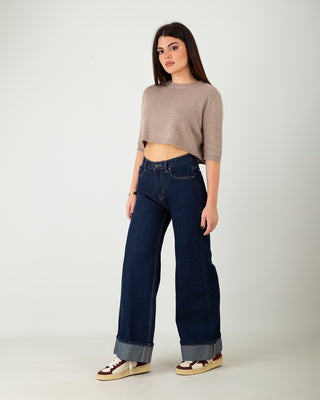 Jeans Palazzo Risvolto Blu Scuro